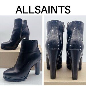 ALLSAINTS Louisa Studded Platform Heel Ankle Boots Black Leather EU 36 US 6